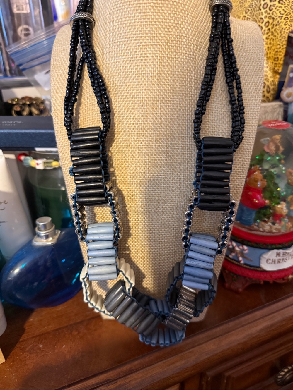 Chicos Chunky Two-Tone Black and Light Blue Beaded Necklace